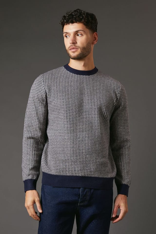 Burton Burton Men's Navy Super Soft Knitted Geo Crew Neck Jumper - 2