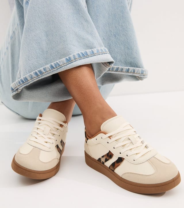 New Look Women's Stone Panelled Faux Suede Leopard Trim Trainers Vegan New Look - 2
