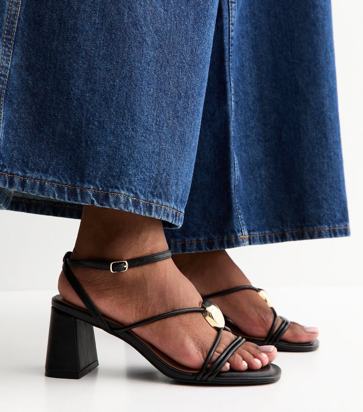 New Look Women's Black Strappy Metallic Detail Block Heel Sandals Vegan New Look