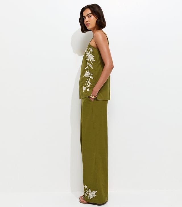 New Look Women's Green Cotton Floral Embroidery Wide Leg Trousers New Look - 3