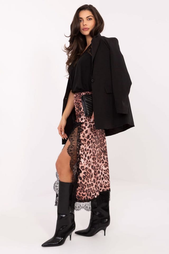 Love Lace Love Lace Women's Satin Animal Print Elastic Waist Lace Slit Skirt in Beige - 2