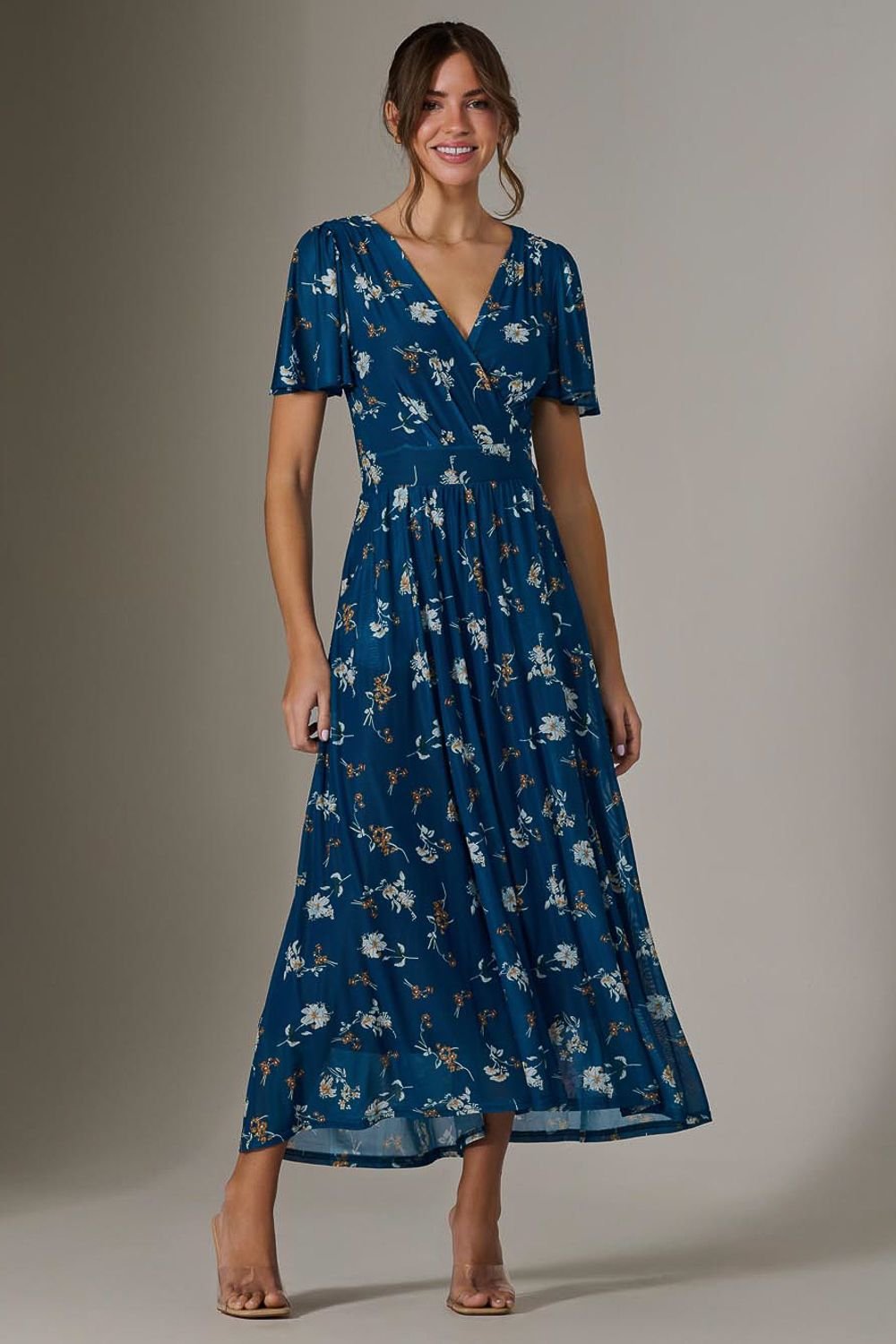 Jolie Moi Jolie Moi Women's Evelyn Angel Sleeve Mesh Maxi Dress in Teal - 2