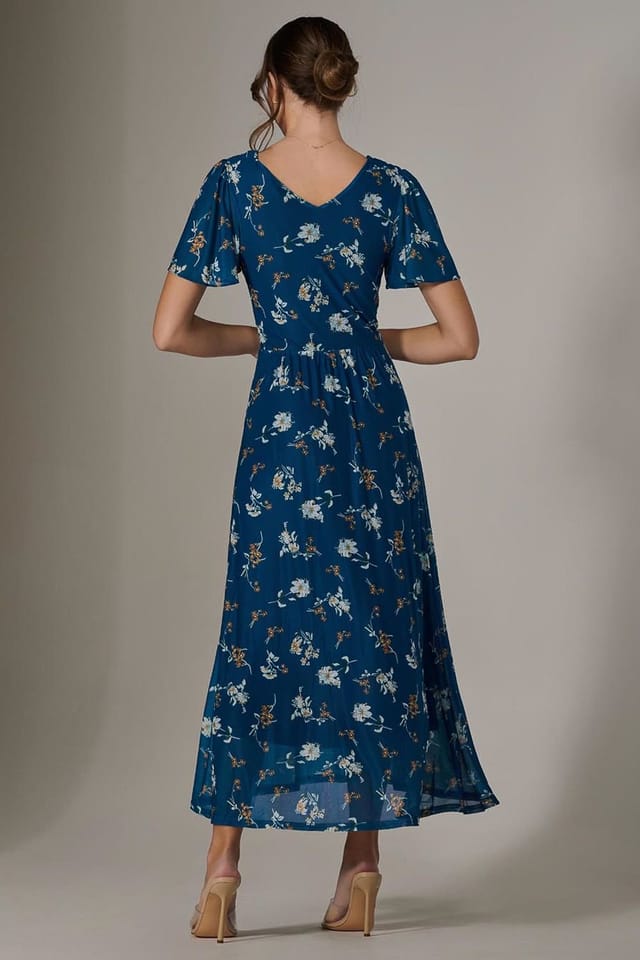 Jolie Moi Jolie Moi Women's Evelyn Angel Sleeve Mesh Maxi Dress in Teal - 2