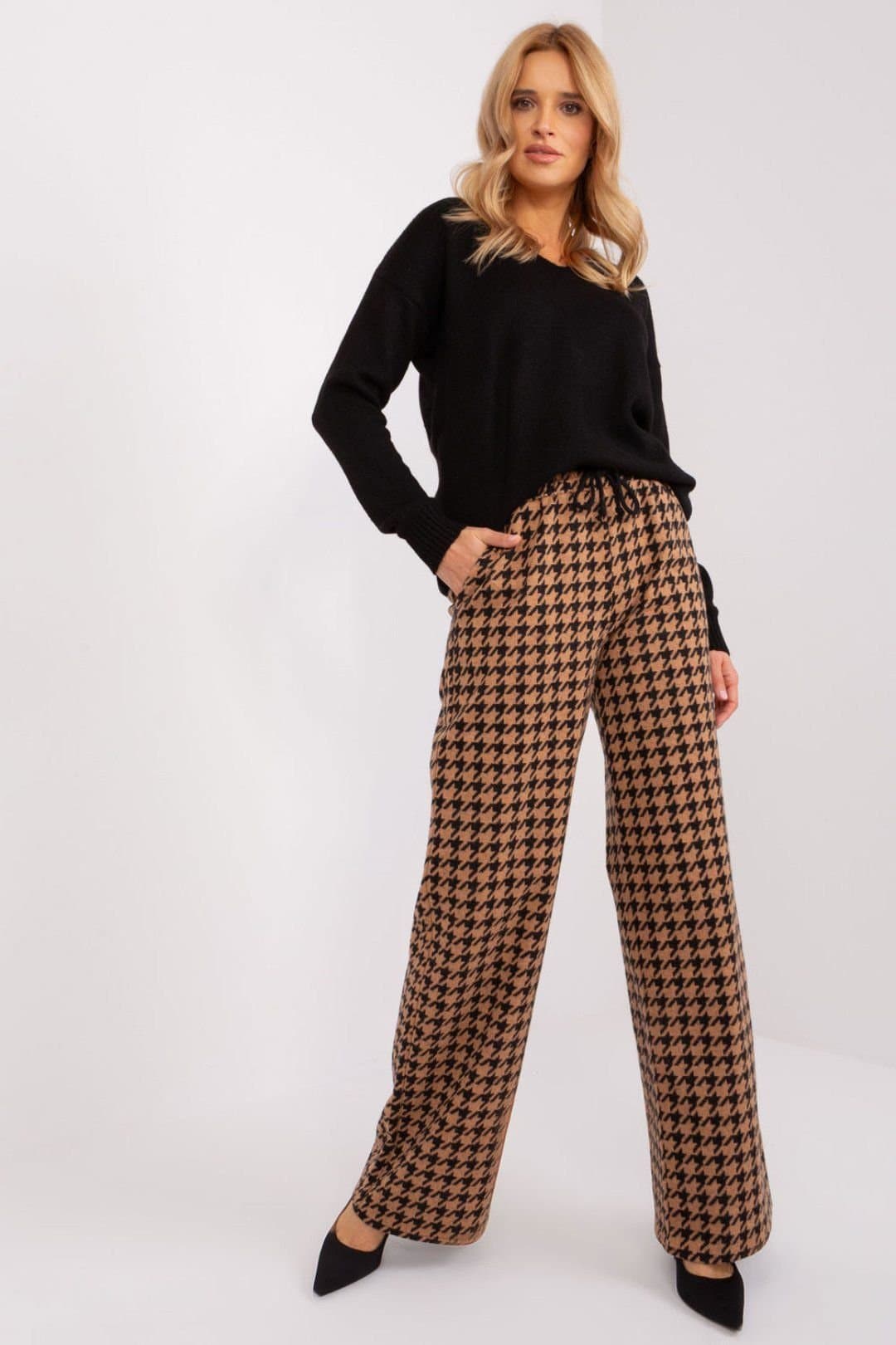 Love Lace Love Lace Women's Casual High Waisted Pepite Wide Leg Trousers in Brown
