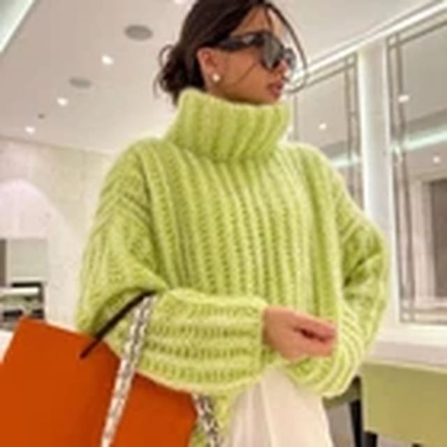 Havendro Havendro Women's M Green Chunky Knitted High Polo Roll Neck Jumper Oversized Top in Bright Green - 2