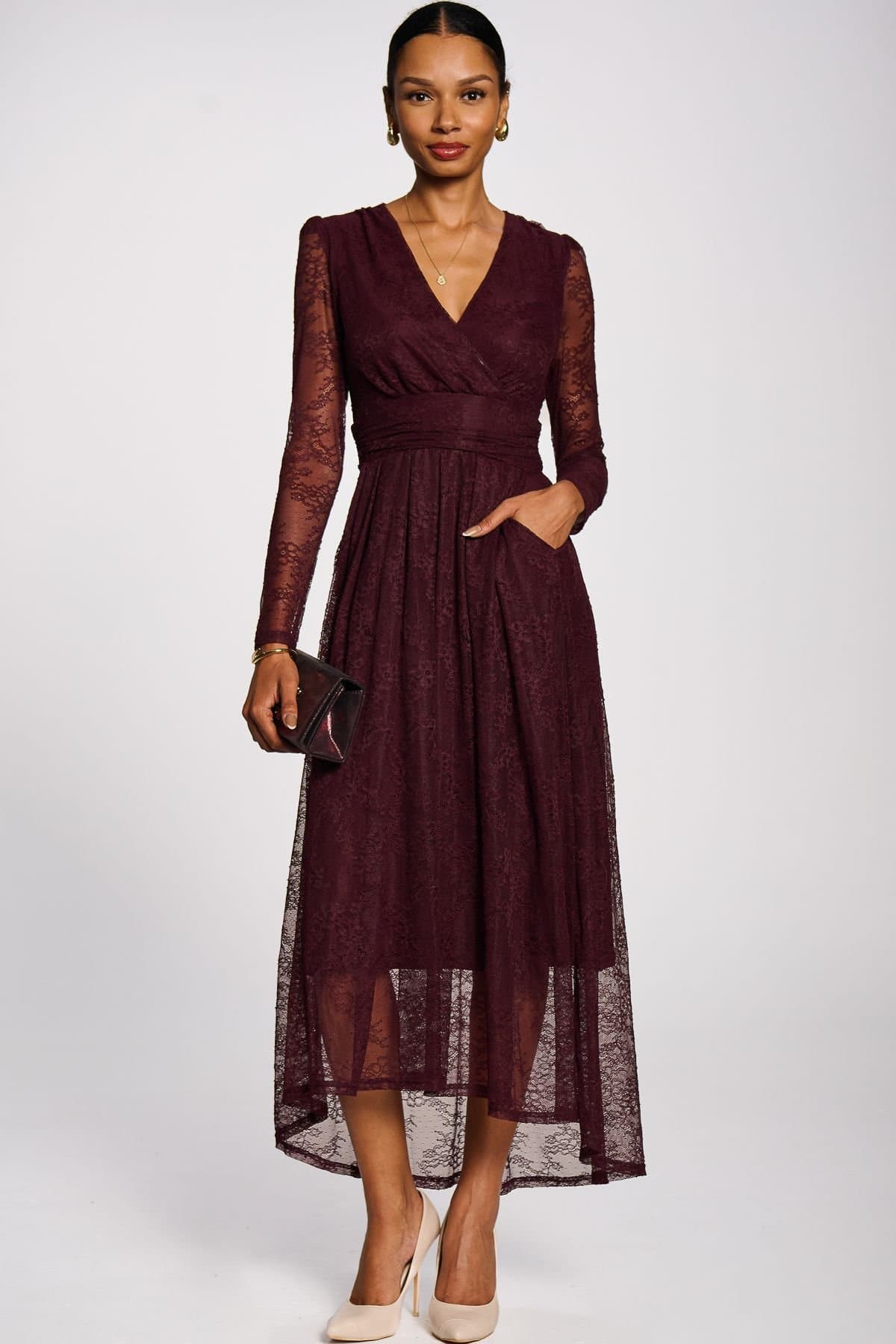 Jolie Moi Jolie Moi Women's Long Sleeve Wrap V Neck Lace Maxi Dress in Burgundy