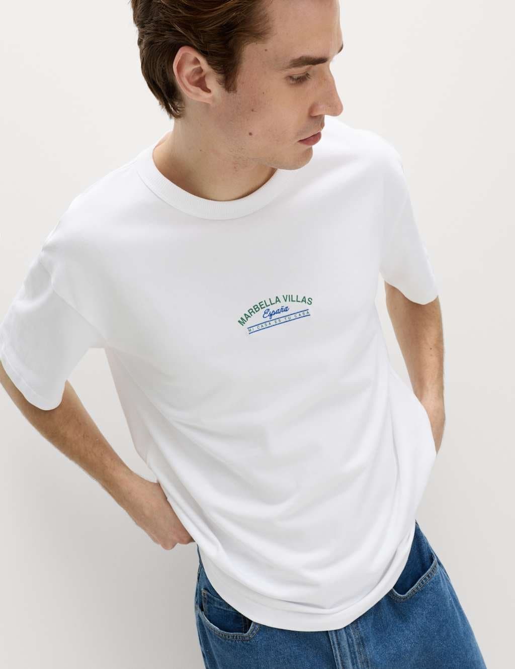 Marks & Spencer M&S Pure Cotton Marbella Villas Graphic T-Shirt White