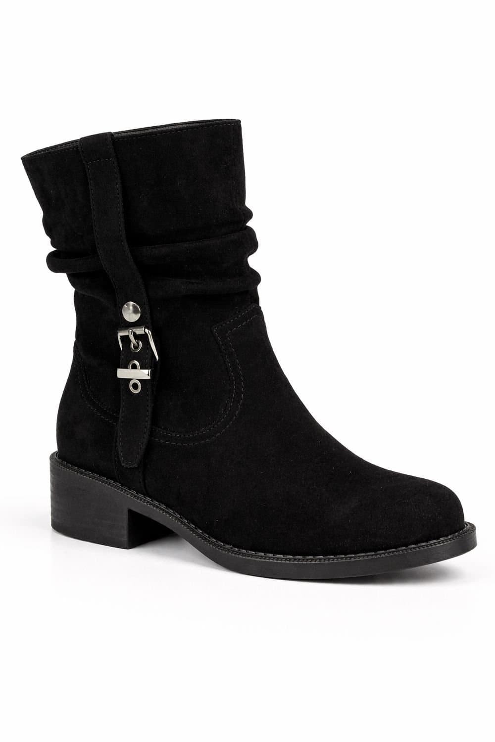 Spot On Spot On Women's Mid Calf Buckle Detail Block Heel Ankle Boot in Black