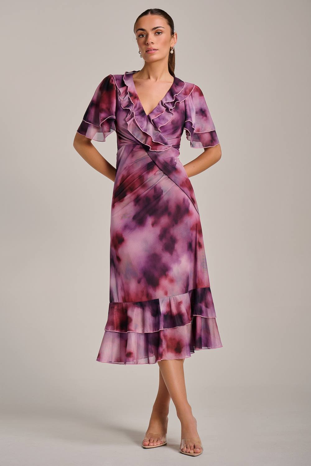 Jolie Moi Jolie Moi Women's Ruffle Detail Ruched Mesh Midi Dress in Pink - 4