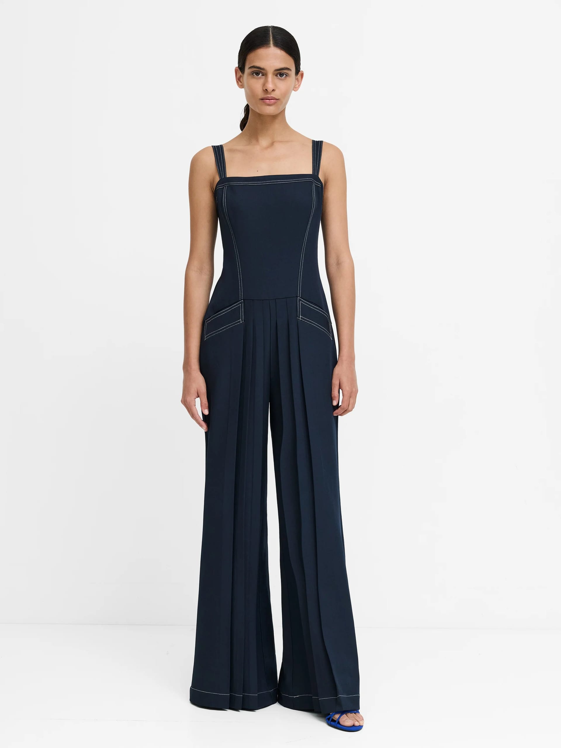 Salma Drop Waist Pleated Navy Blue Wide Leg Jumpsuit New Navy Blue