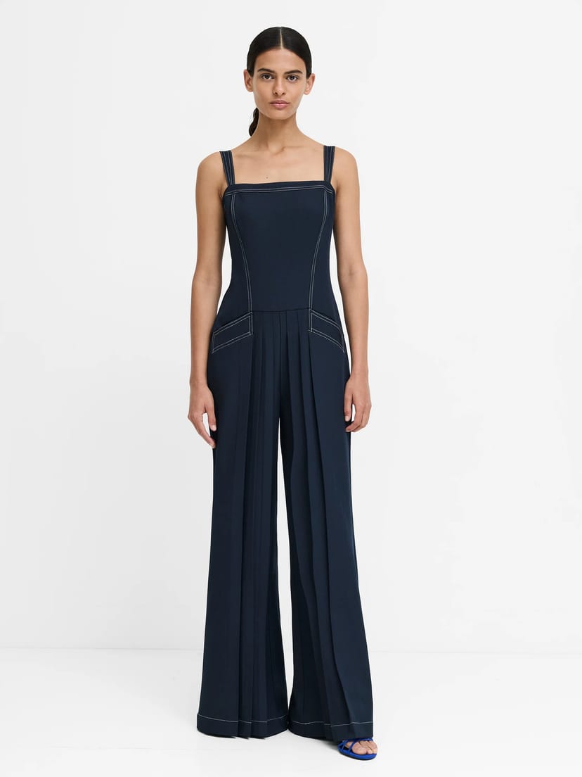 French Connection Salma Drop Waist Pleated Navy Blue Wide Leg Jumpsuit New Navy Blue - 1