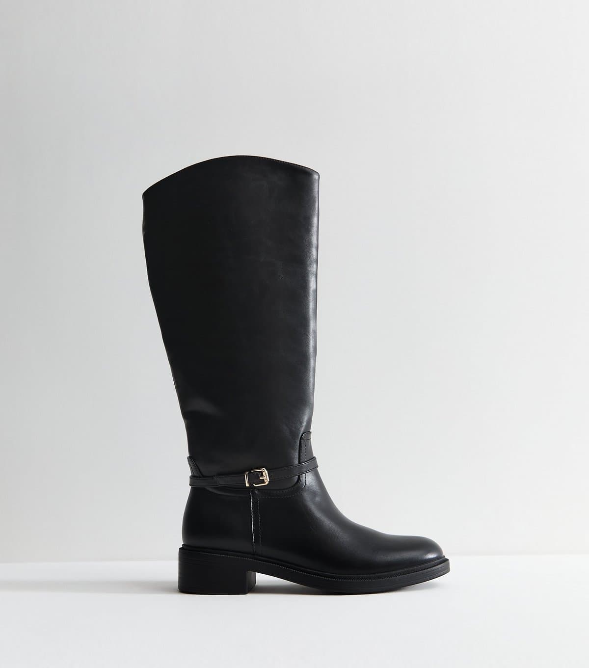 New Look Women's Black Faux Leather Buckle Strap Riding Boots Vegan New Look