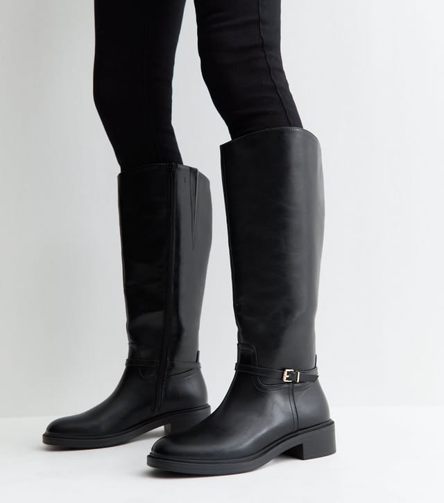 New Look Women's Black Faux Leather Buckle Strap Riding Boots Vegan New Look - 2