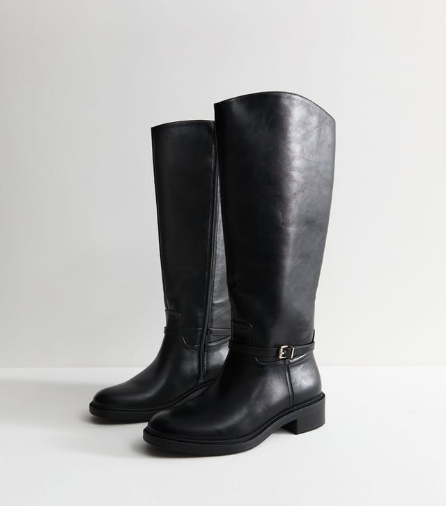 New Look Women's Black Faux Leather Buckle Strap Riding Boots Vegan New Look - 3