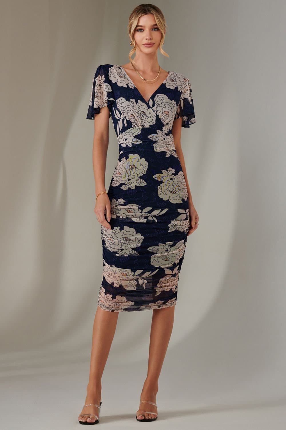 Jolie Moi Jolie Moi Women's Angel Sleeve Ruched Bodycon Dress in Mid Navy