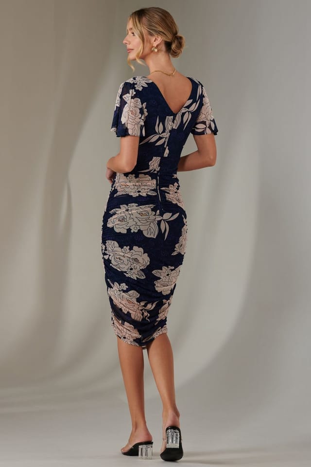 Jolie Moi Jolie Moi Women's Angel Sleeve Ruched Bodycon Dress in Mid Navy - 2