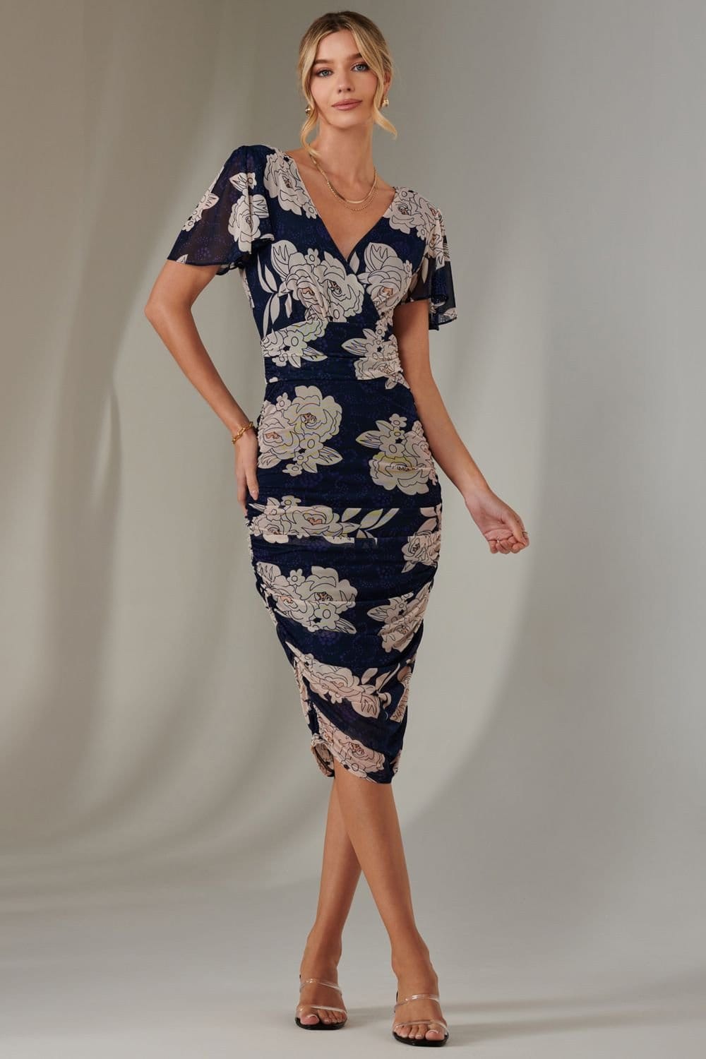 Jolie Moi Jolie Moi Women's Angel Sleeve Ruched Bodycon Dress in Mid Navy - 4