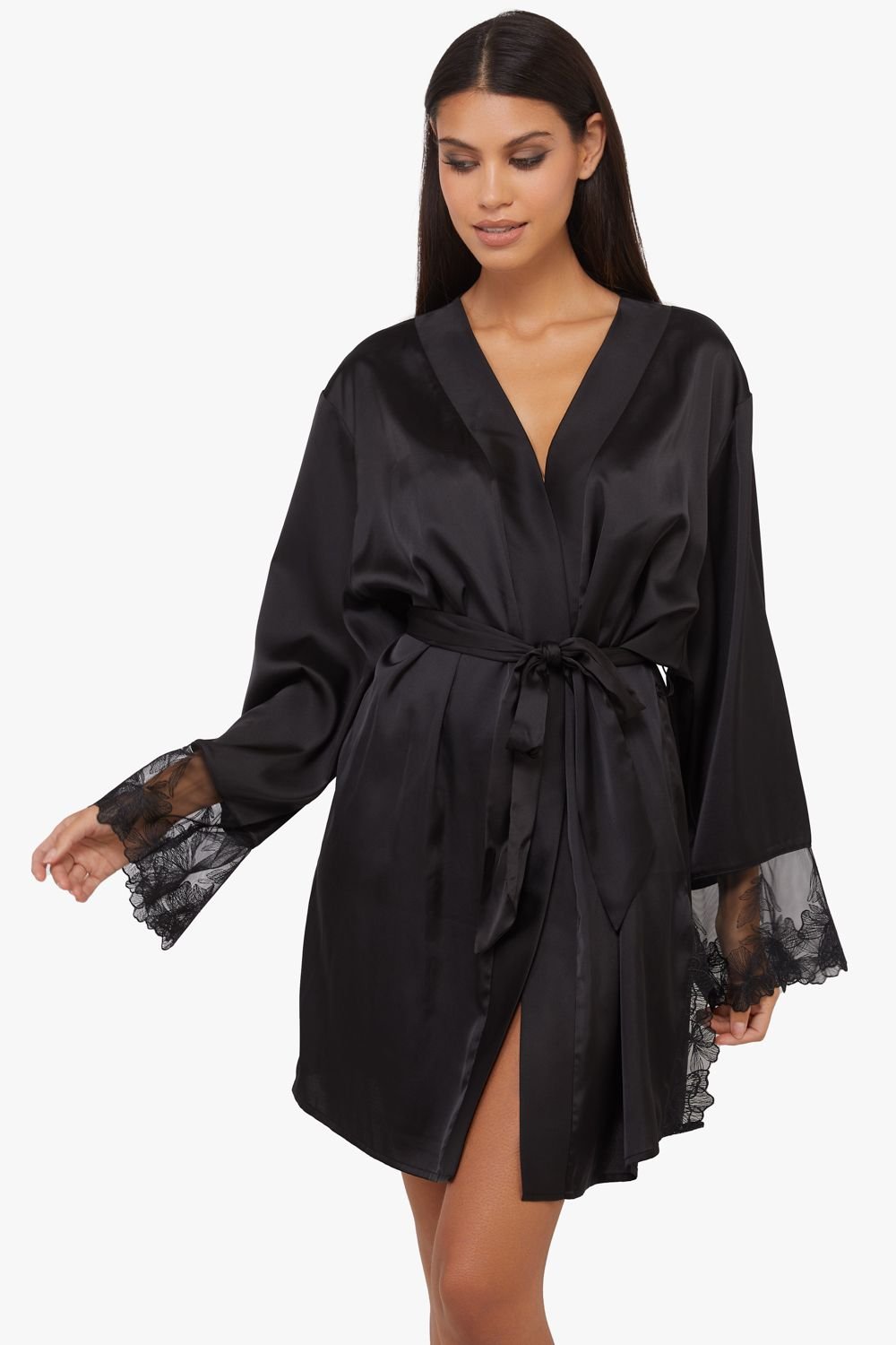 Playful Promises Playful Promises Women's Eleanor Black Satin & Embroidery Robe - 1