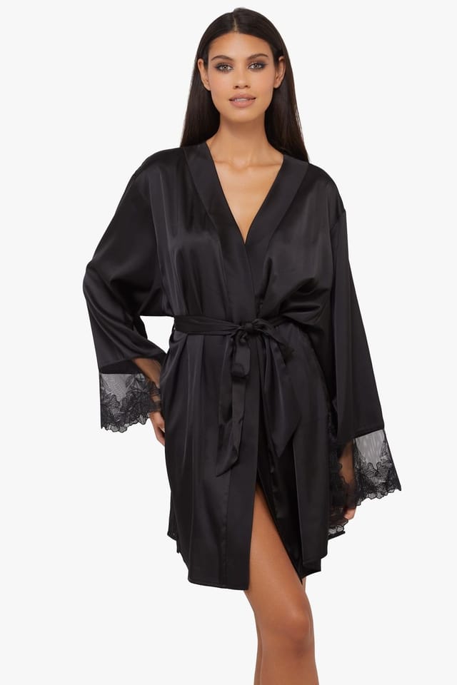 Playful Promises Playful Promises Women's Eleanor Black Satin & Embroidery Robe - 3