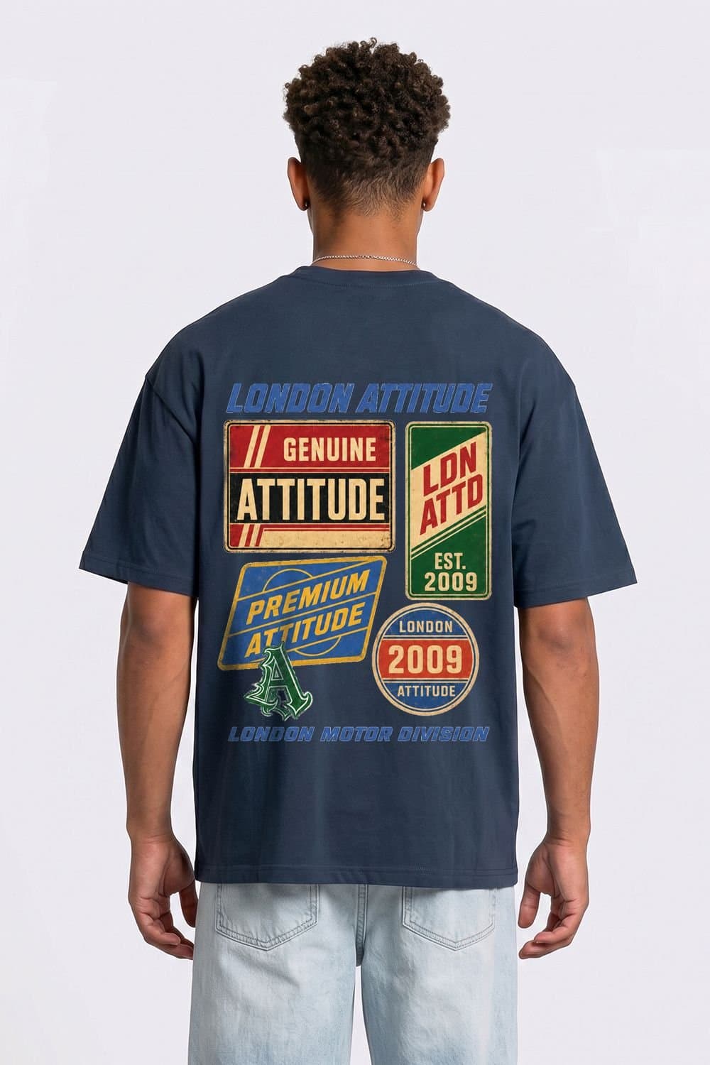 LONDON ATTITUDE LONDON ATTITUDE Men's Oversized Vintage Motorsport Back Print T-Shirt in Blue