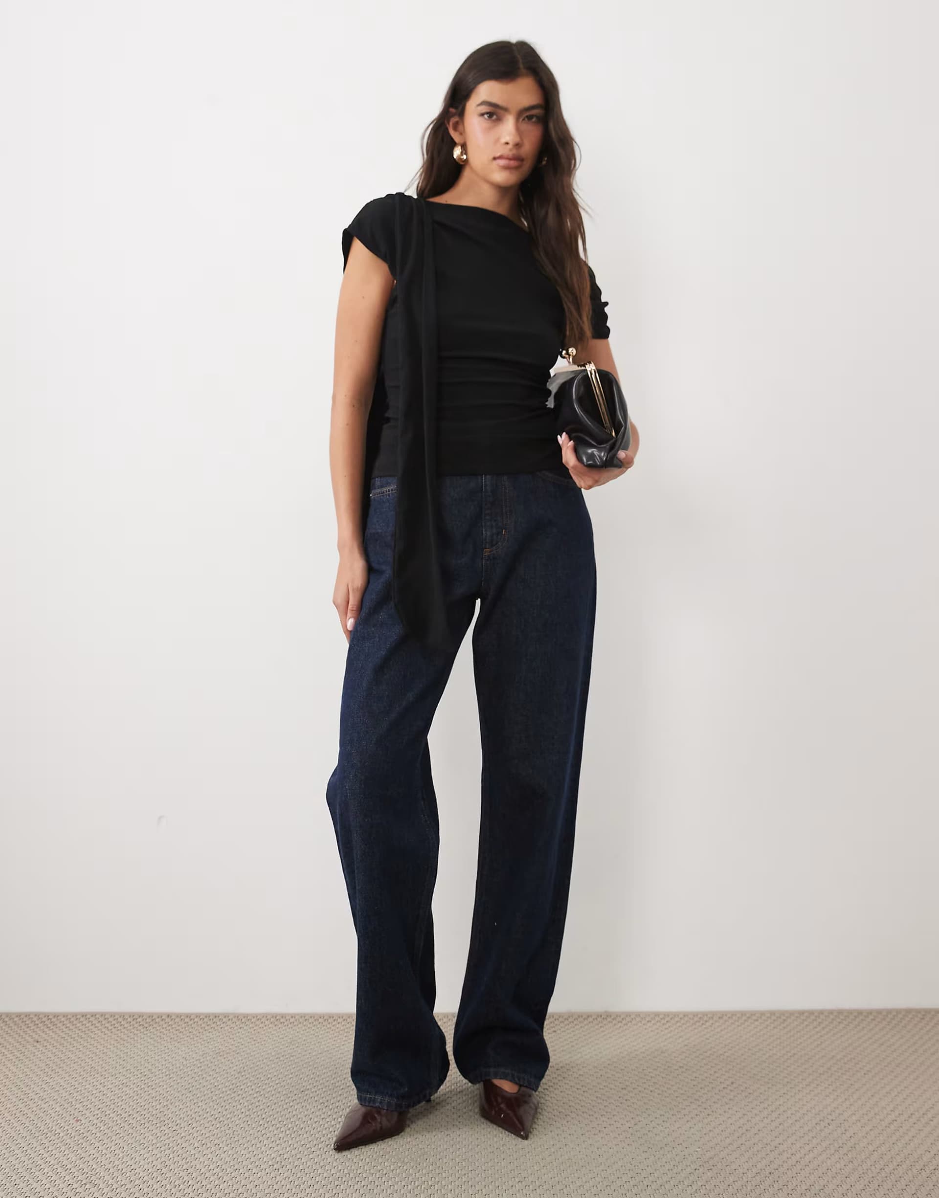 ASOS ASOS DESIGN textured scarf neck fallen shoulder top in black
