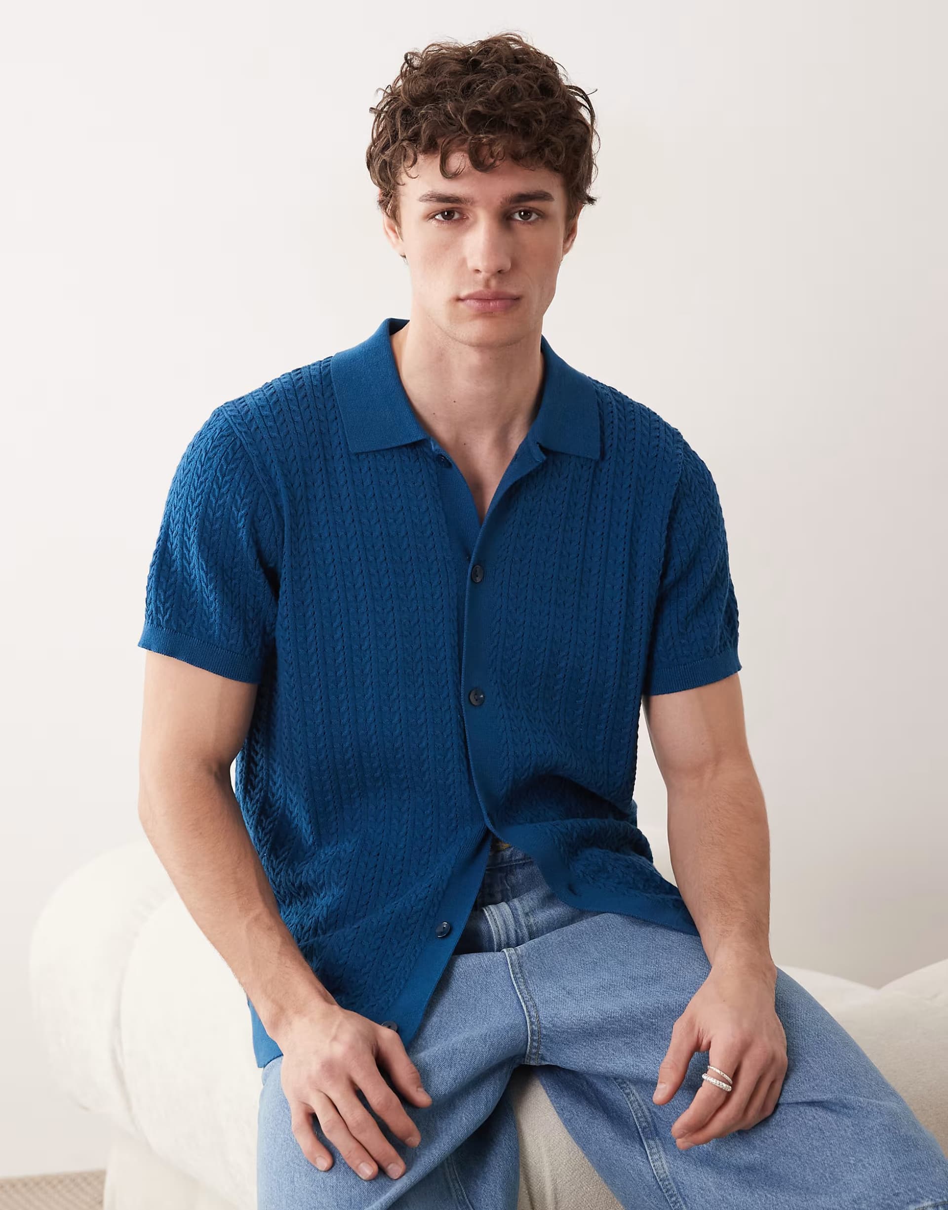ASOS South Beach button down knit shirt in mid blue