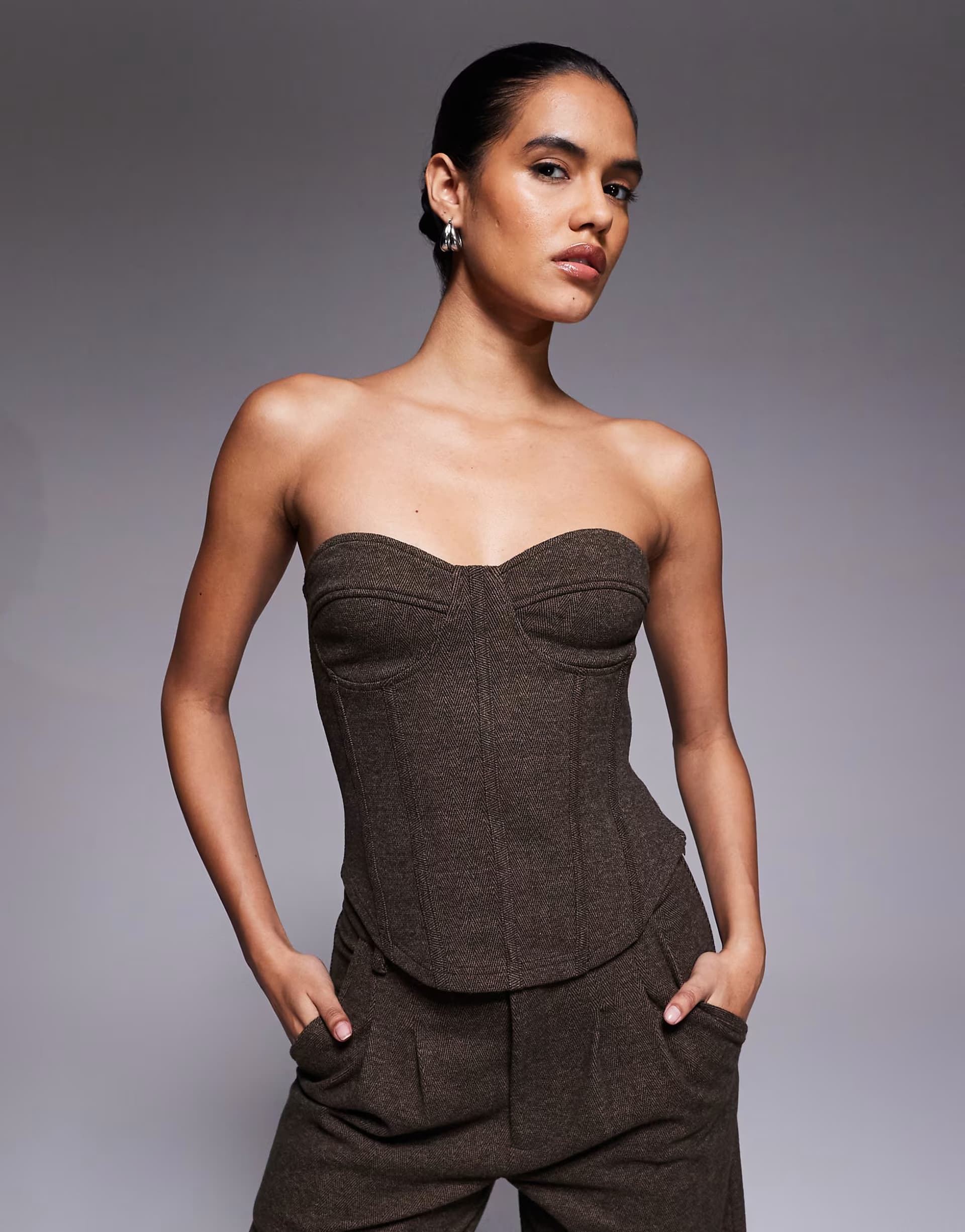 ASOS ASOS DESIGN co-ord herringbone brushed bandeau corset top in chocolate 
