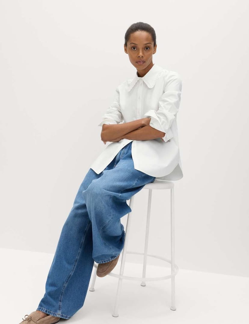 Marks & Spencer M&S Pure Cotton Collared Frill Detail Shirt White - 1