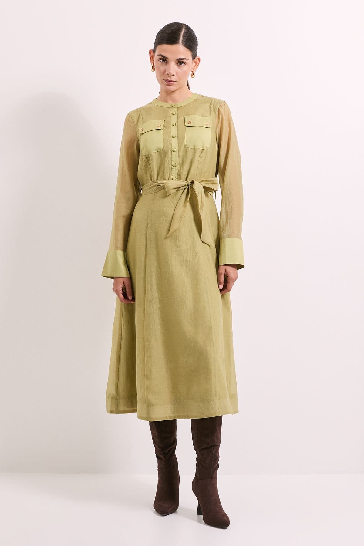 Principles Principles Women's Green Patch Pocket Detail Organza Shirt Dress in Olive