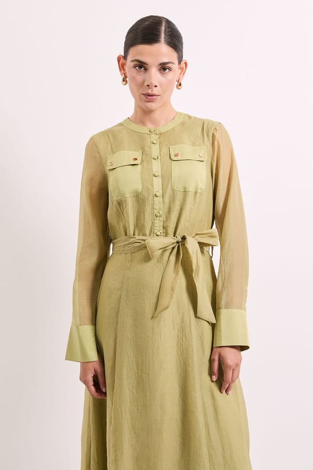 Principles Principles Women's Green Patch Pocket Detail Organza Shirt Dress in Olive - 2