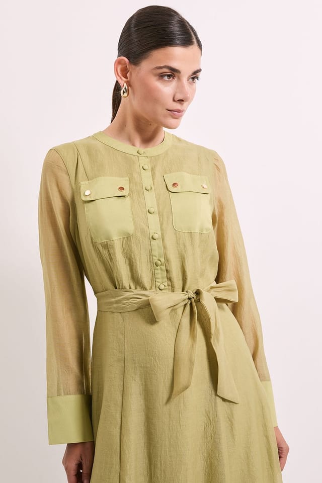 Principles Principles Women's Green Patch Pocket Detail Organza Shirt Dress in Olive - 3