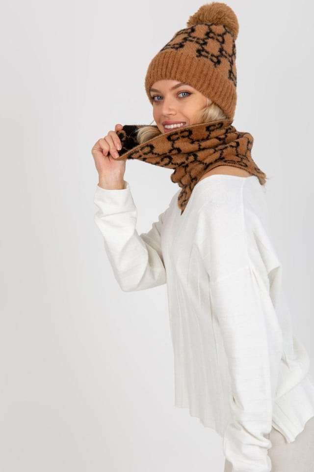 Love Lace Love Lace Women's Warm Infinity Scarf with Patterned Chimney Design & Matching Cap in Brown - 2