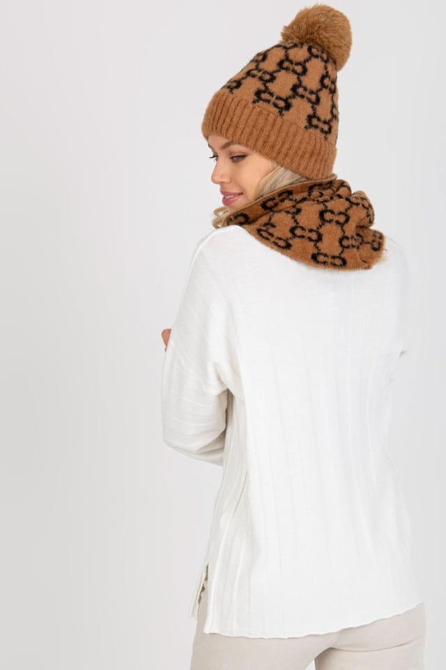 Love Lace Love Lace Women's Warm Infinity Scarf with Patterned Chimney Design & Matching Cap in Brown - 3