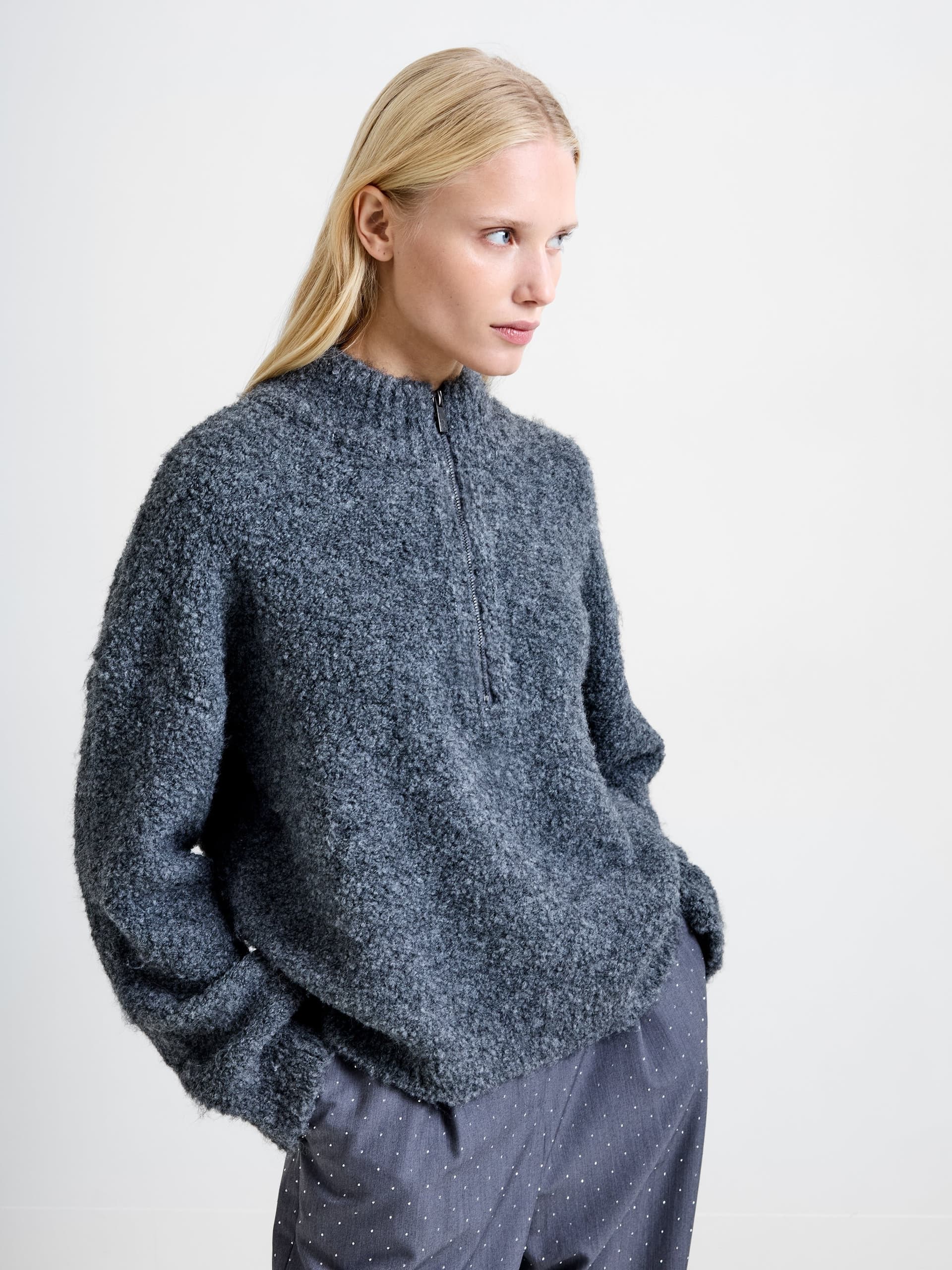 French Connection Renee Boucle Half Zip Jumper Charcoal Grey
