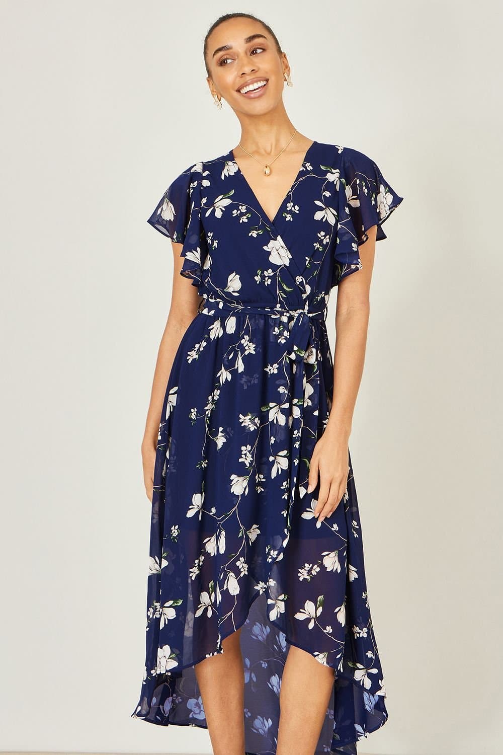 Yumi Yumi Women's Navy Floral Wrap Midi Dress With Frill Hem