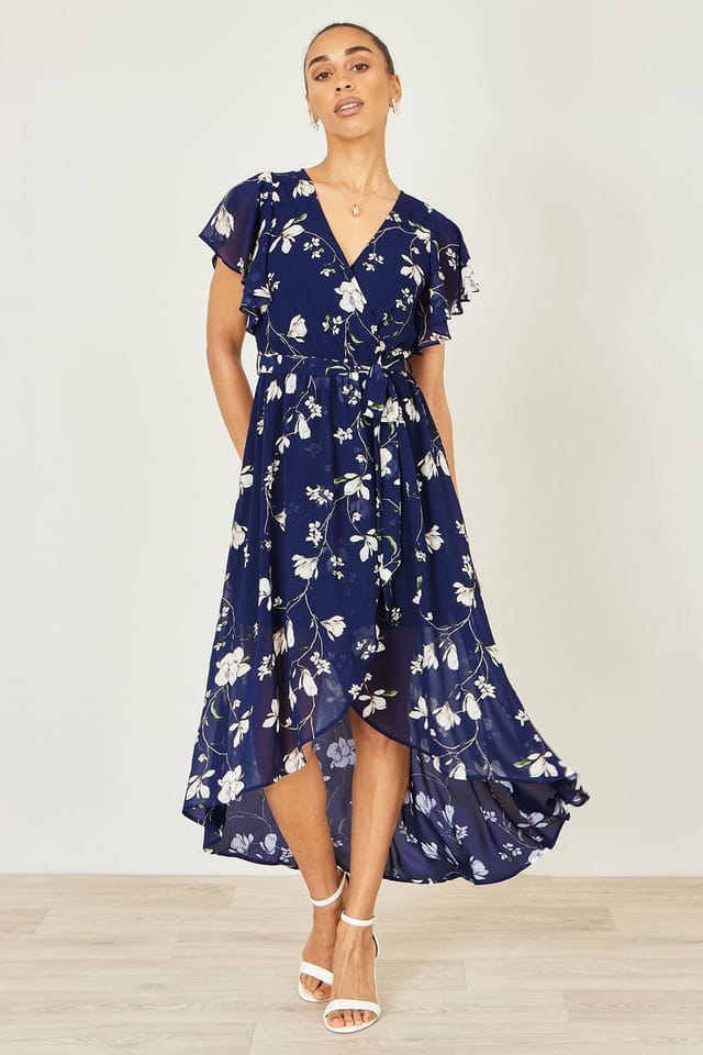Yumi Yumi Women's Navy Floral Wrap Midi Dress With Frill Hem - 2