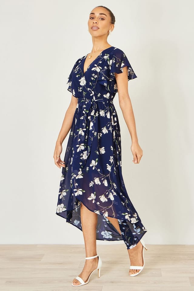 Yumi Yumi Women's Navy Floral Wrap Midi Dress With Frill Hem - 3