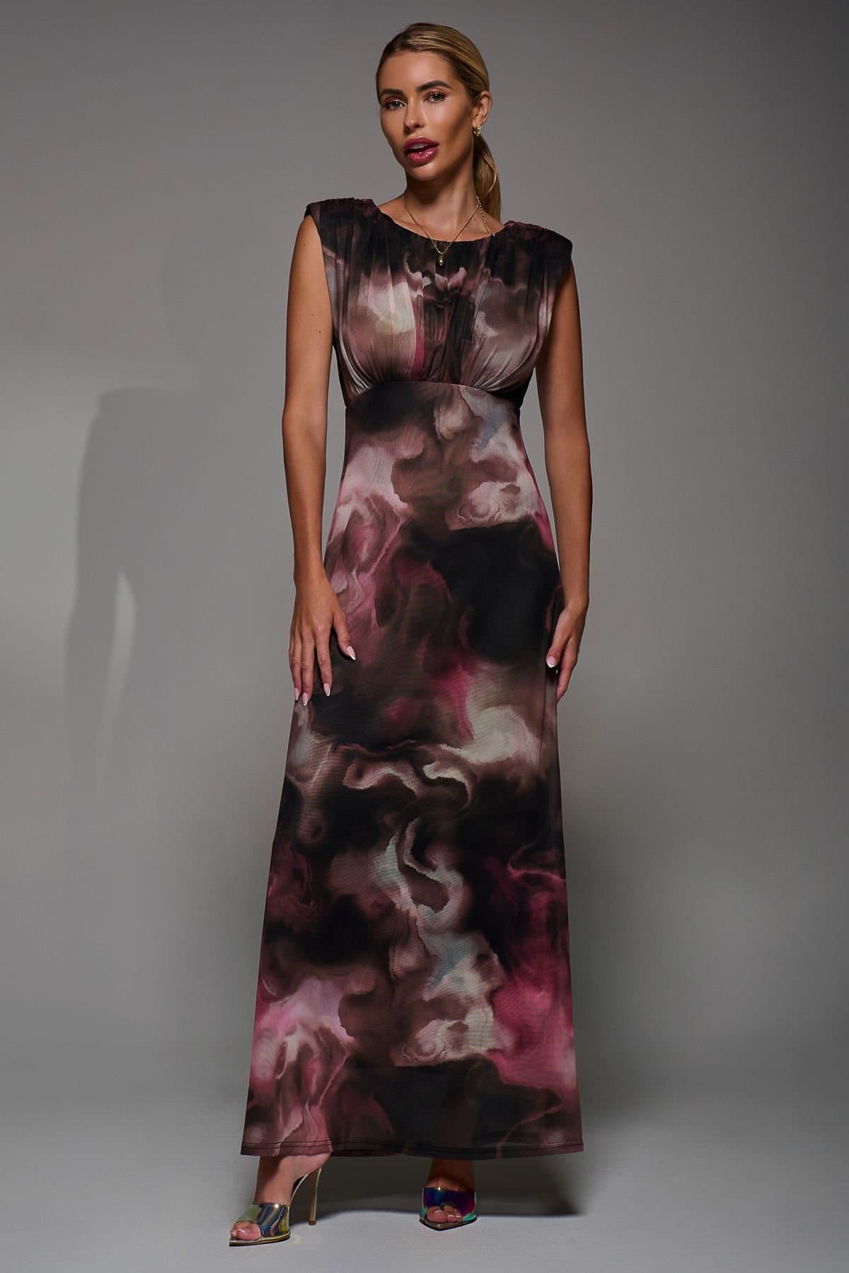 Jolie Moi Jolie Moi Women's Slash Neck Fit & Flare Mesh Maxi Dress