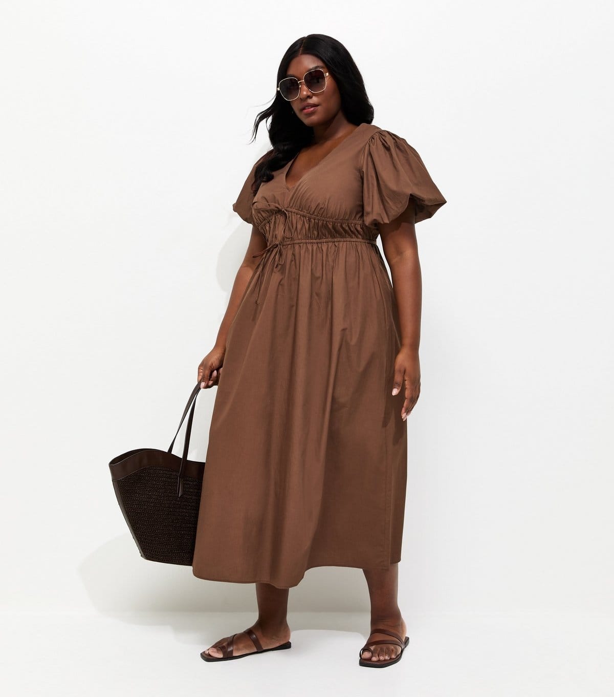 New Look Plus Size Dark Brown Puff Sleeve Flared Midi Dress