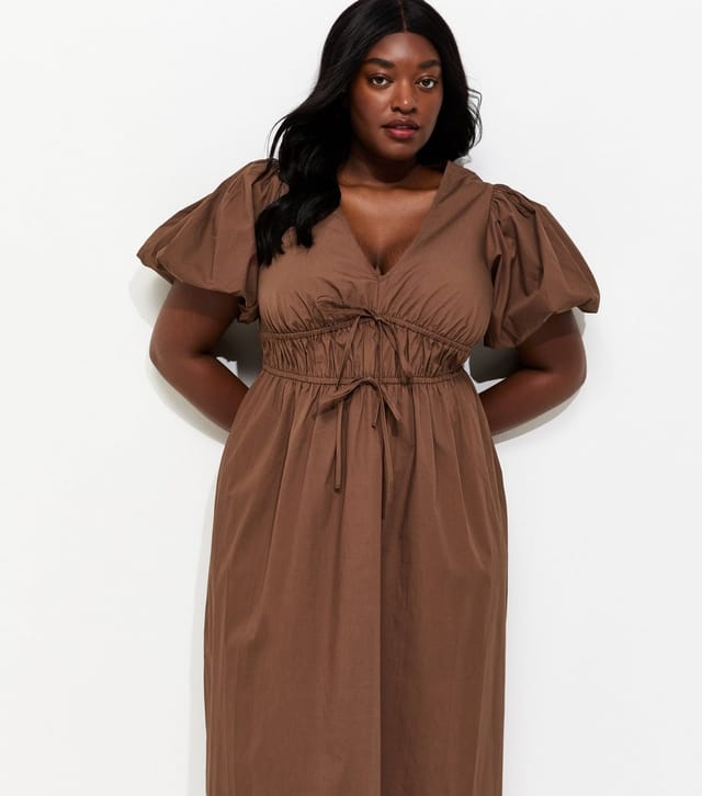 New Look Women's Plus Size Dark Brown Puff Sleeve Flared Midi Dress Curves New Look - 2