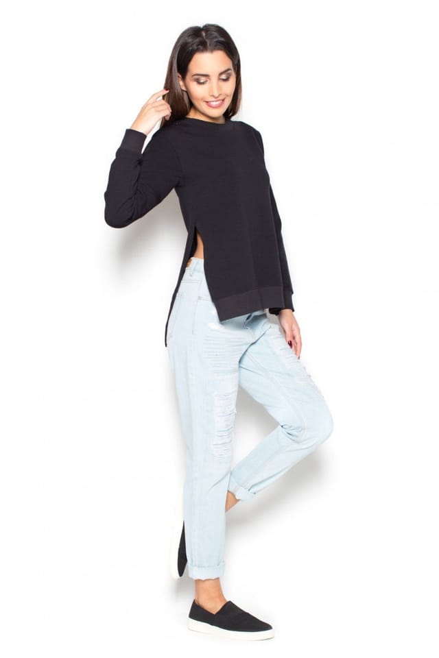 Love Lace Love Lace Women's Cotton Blouse with Long Sleeves Side Slits in Black - 2