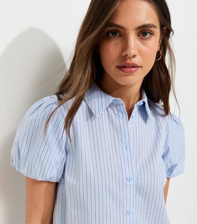 New Look Women's Blue Cotton Pinstripe Puff Sleeve Shirt New Look - 2