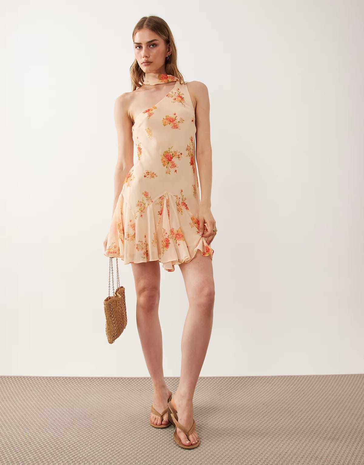 ASOS ASOS DESIGN on shoulder mini dress with scarf in orange floral print - 1