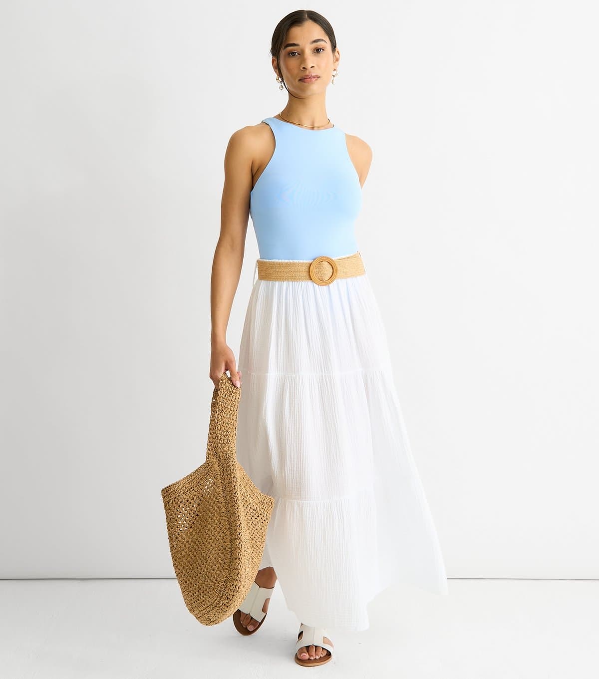 Gini London Women's White Belted Tiered Maxi Skirt Gini London New Look