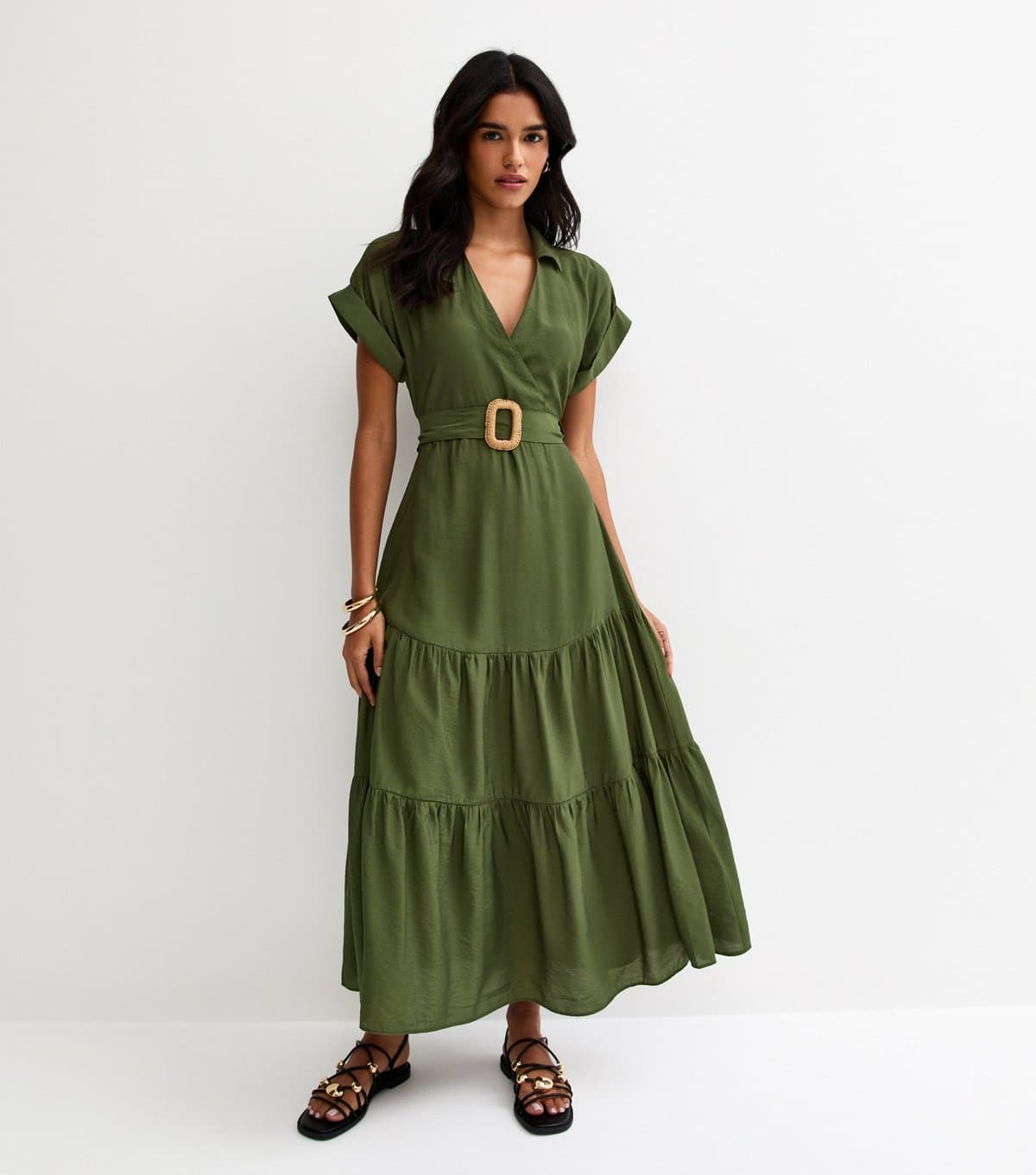 New Look Women's Dark Khaki Tiered Belted Midi Dress New Look