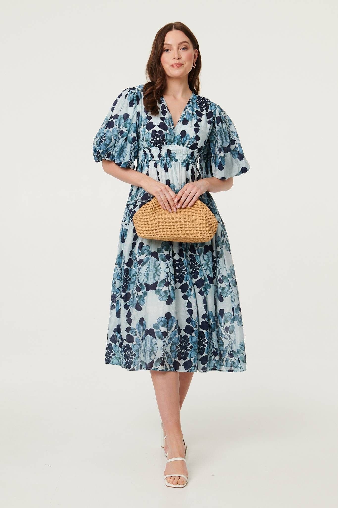 Izabel London Izabel London Women's Floral 1/2 Puff Sleeve Tiered Midi Dress in Blue