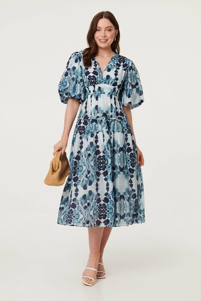 Izabel London Izabel London Women's Floral 1/2 Puff Sleeve Tiered Midi Dress in Blue - 2