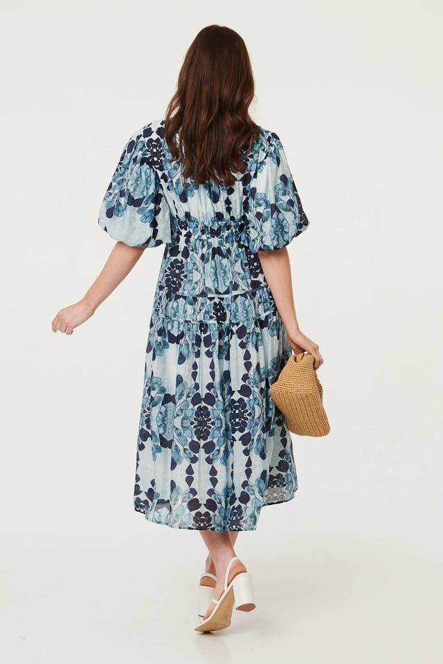Izabel London Izabel London Women's Floral 1/2 Puff Sleeve Tiered Midi Dress in Blue - 3