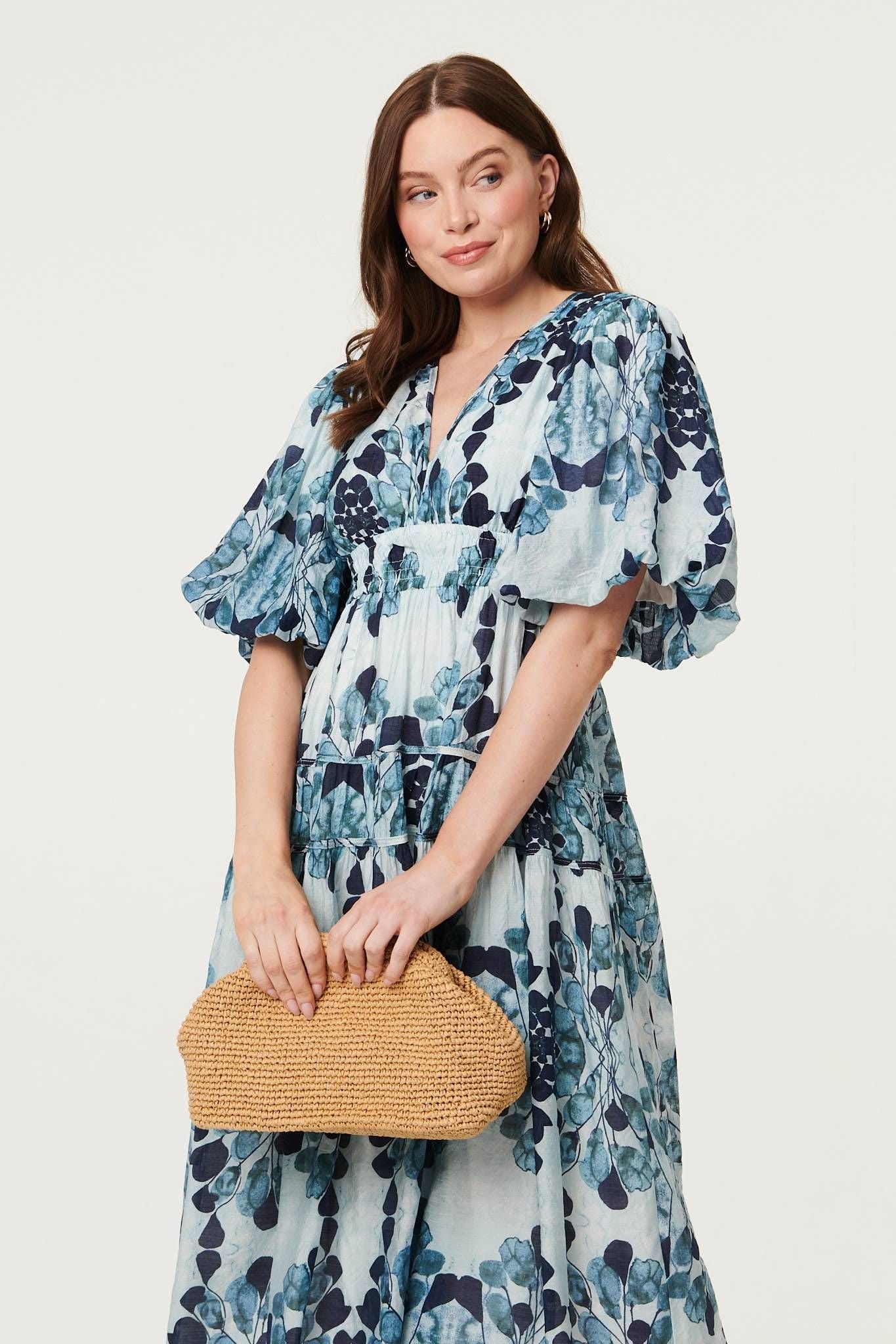 Izabel London Izabel London Women's Floral 1/2 Puff Sleeve Tiered Midi Dress in Blue - 4