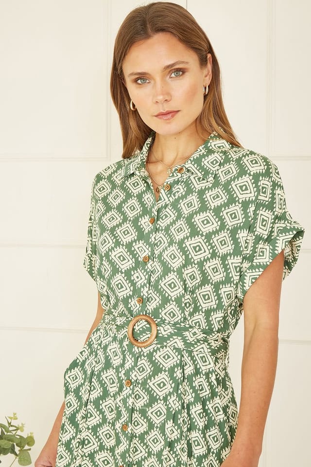 Yumi Yumi Women's Green Viscose Midi Shirt Dress With Matching Belt - 3